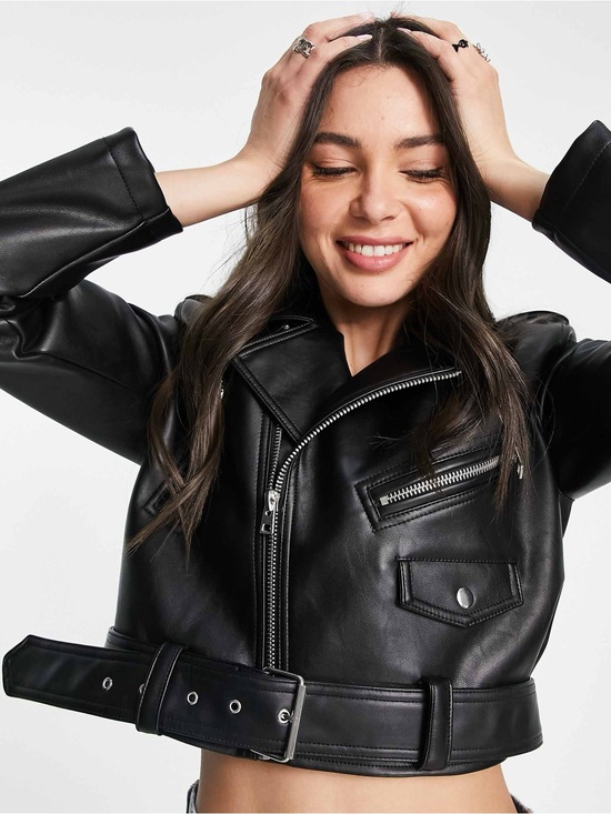 Topshop Jackets & Blazers - Topshop Black Faux Leather Cropped Biker Jacket